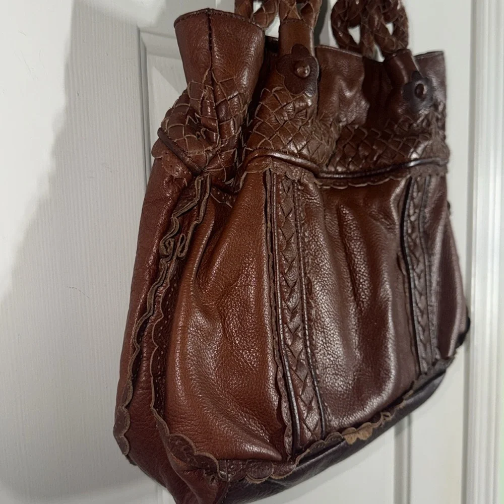 Elliott Luca Brown Pebbled Leather w/ Woven Details Everyday Medium Size Handbag